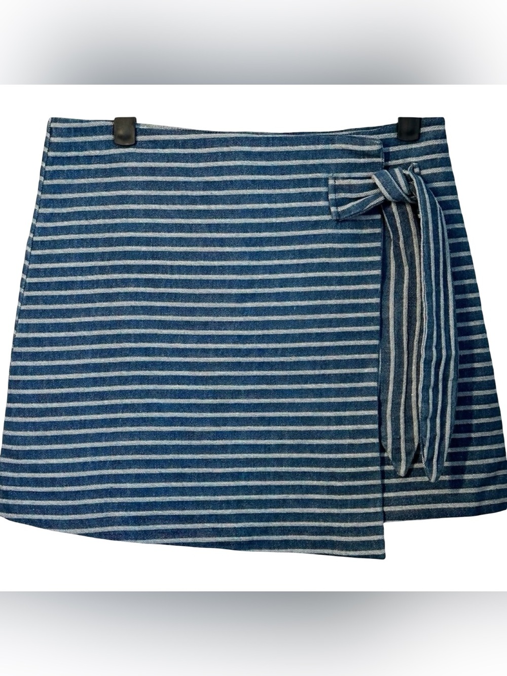 HOT Lumiere Denim Jean Full Wrap Two Tone Striped Mini Skirt Tie Size Medium